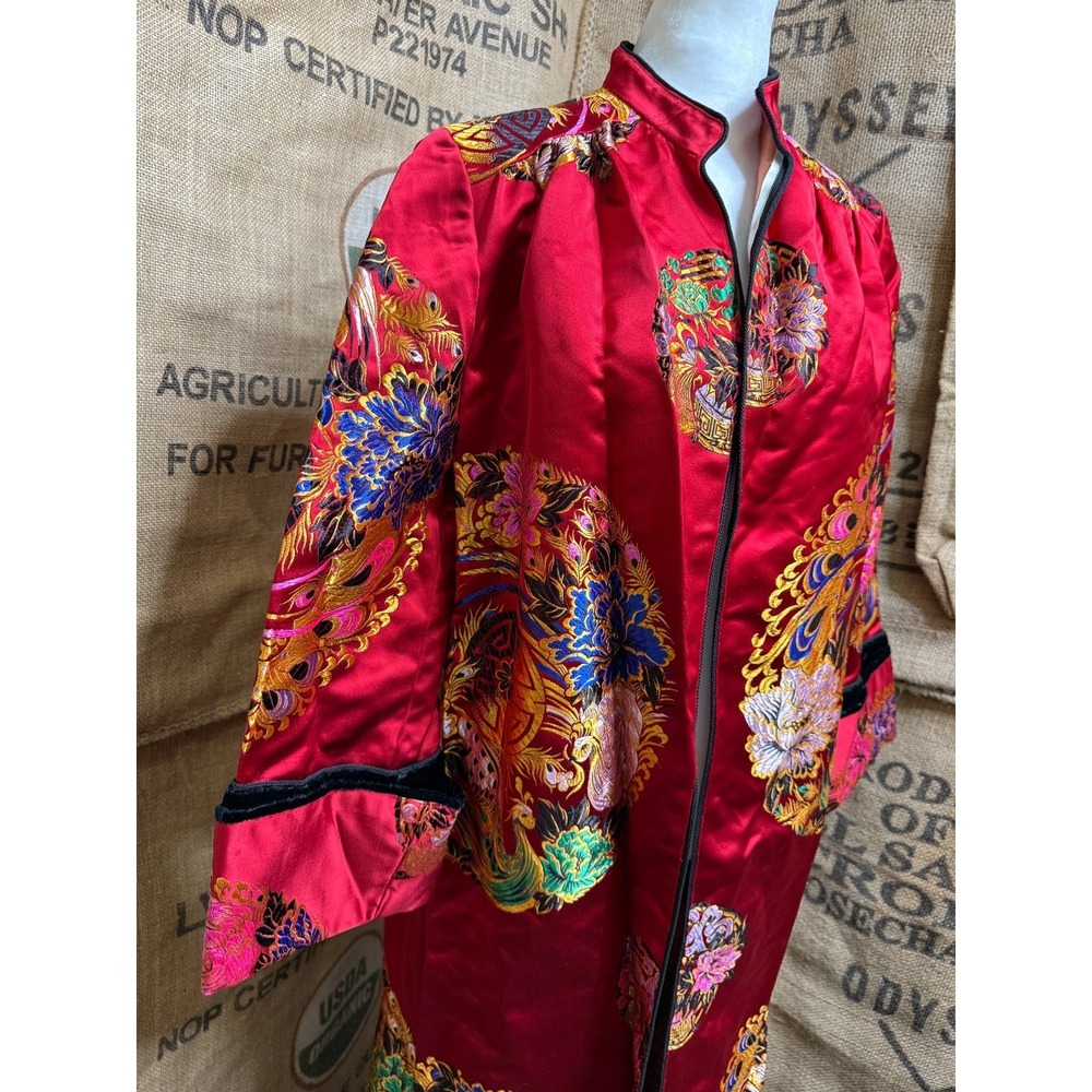 VTG Red Chinese Brocade Phoenix Dragon Maxi Robe Duster Mandarin Collar Velvet - Picture 7 of 8